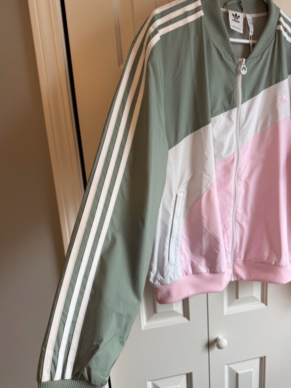 adidas Colorblock Track Jacket in Sage, White & Light Pink - Picture 2 of 6